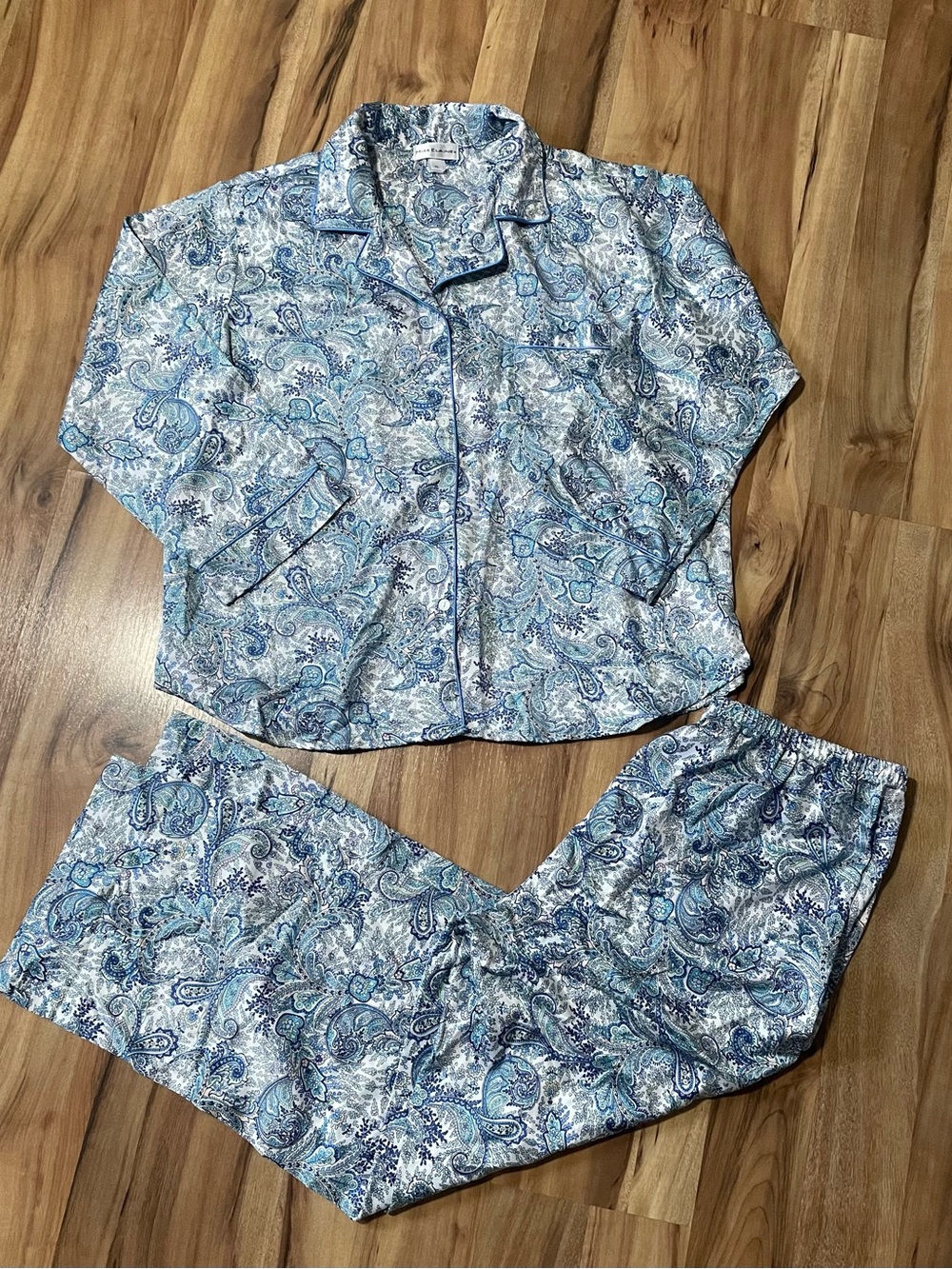 Miss Elaine Satiny Blue Paisley Pajamas 2-Pc Set Button Up Top - Pants XL